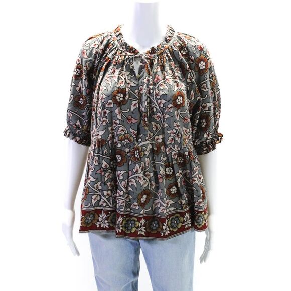 Charlie Joe Womens Tie Neck Floral Short Sleeve Top Blouse Gray Brown Size Small - Picture 1 of 4
